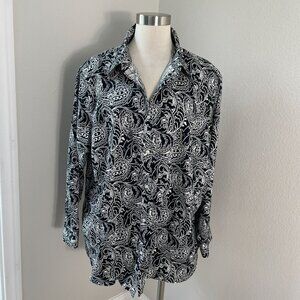 Chaps Classics Womens Plus 3X Black White Paisley No Iron Button Up Shirt Blouse
